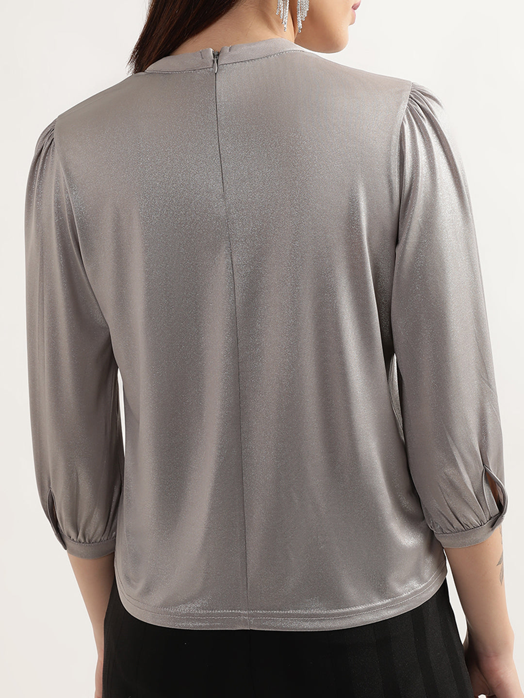 Centre Stage Women Grey Solid Round Neck Top