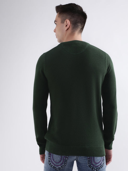 Gant Men Green Solid Round Neck Sweater