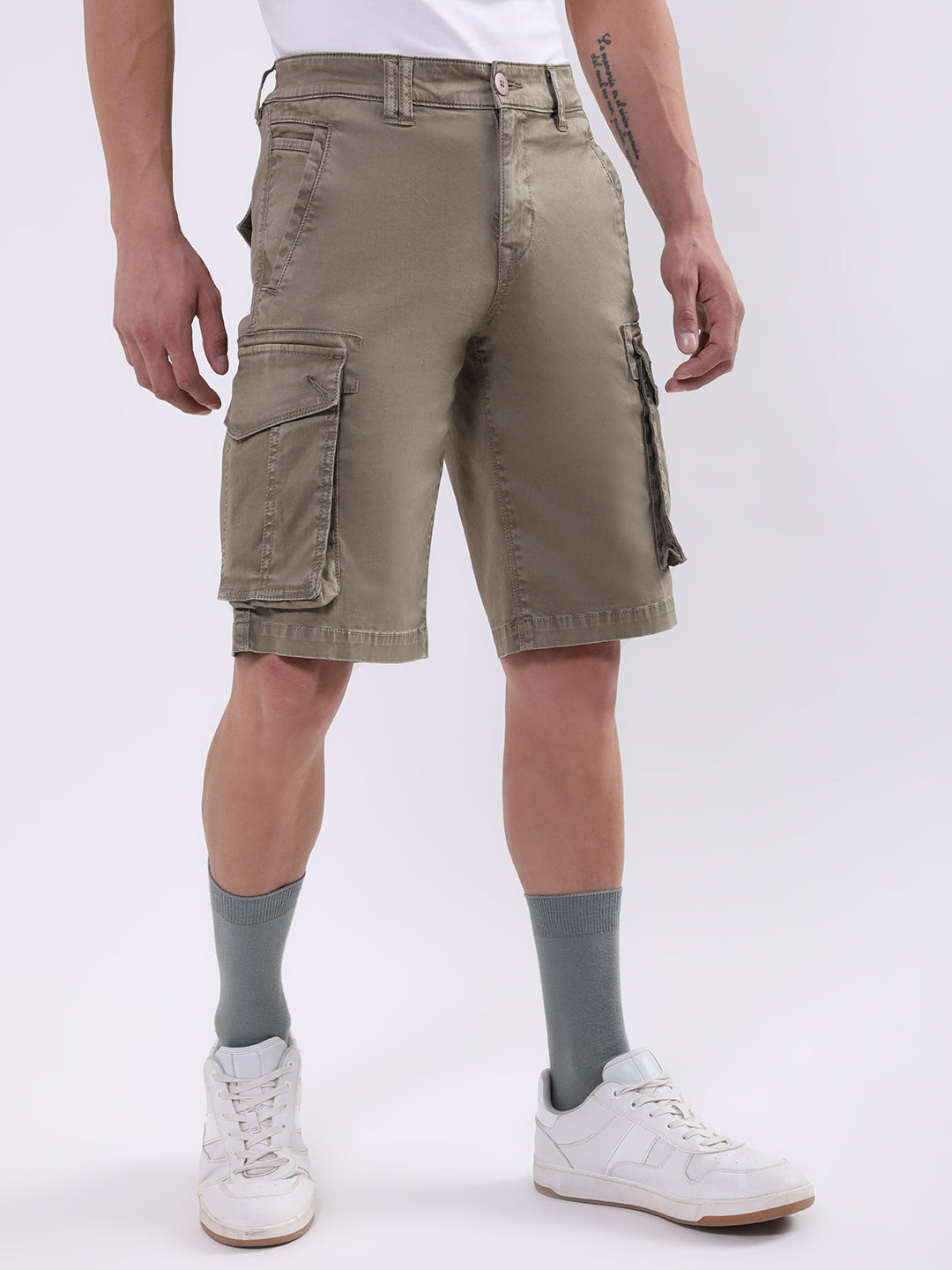 Iconic Men Khaki Embroidered Regular Fit Shorts