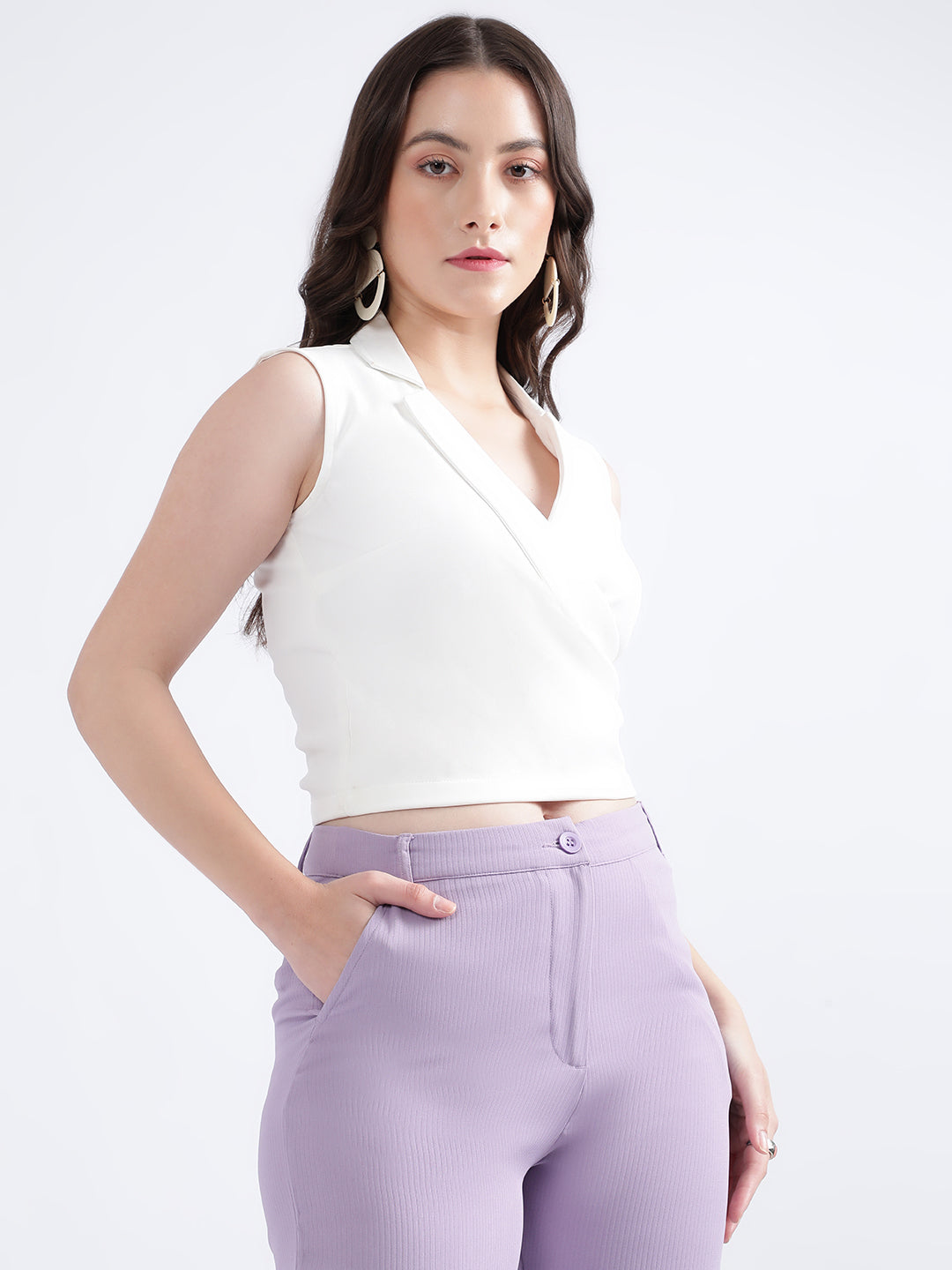 Centre Stage Women White Solid Collar Top