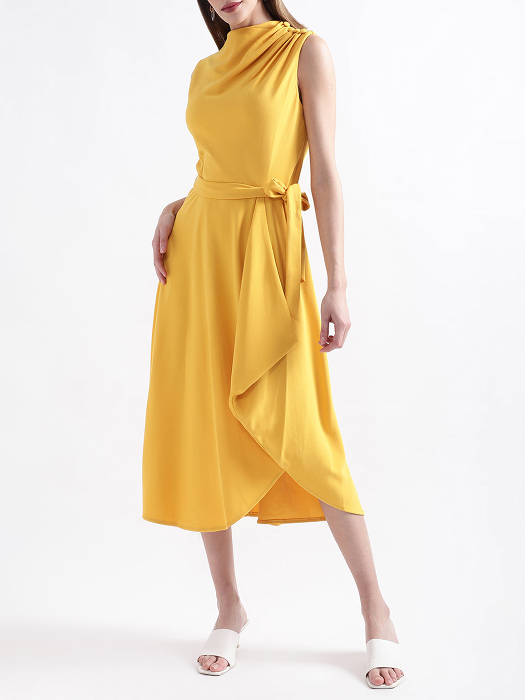 DKNY Women Ochre Solid Round Neck Dress