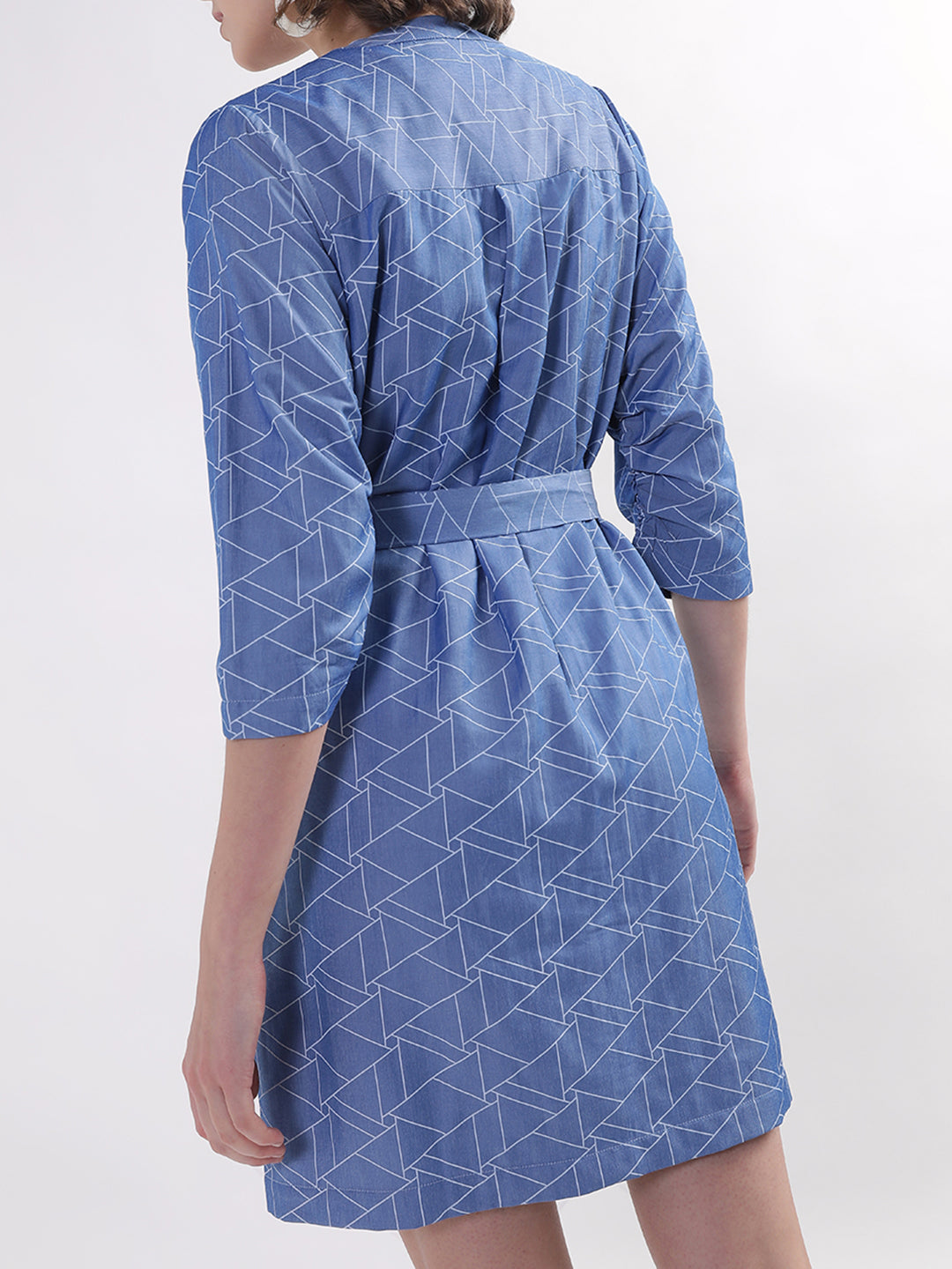 Elle Women Blue Printed Band Collar Dress