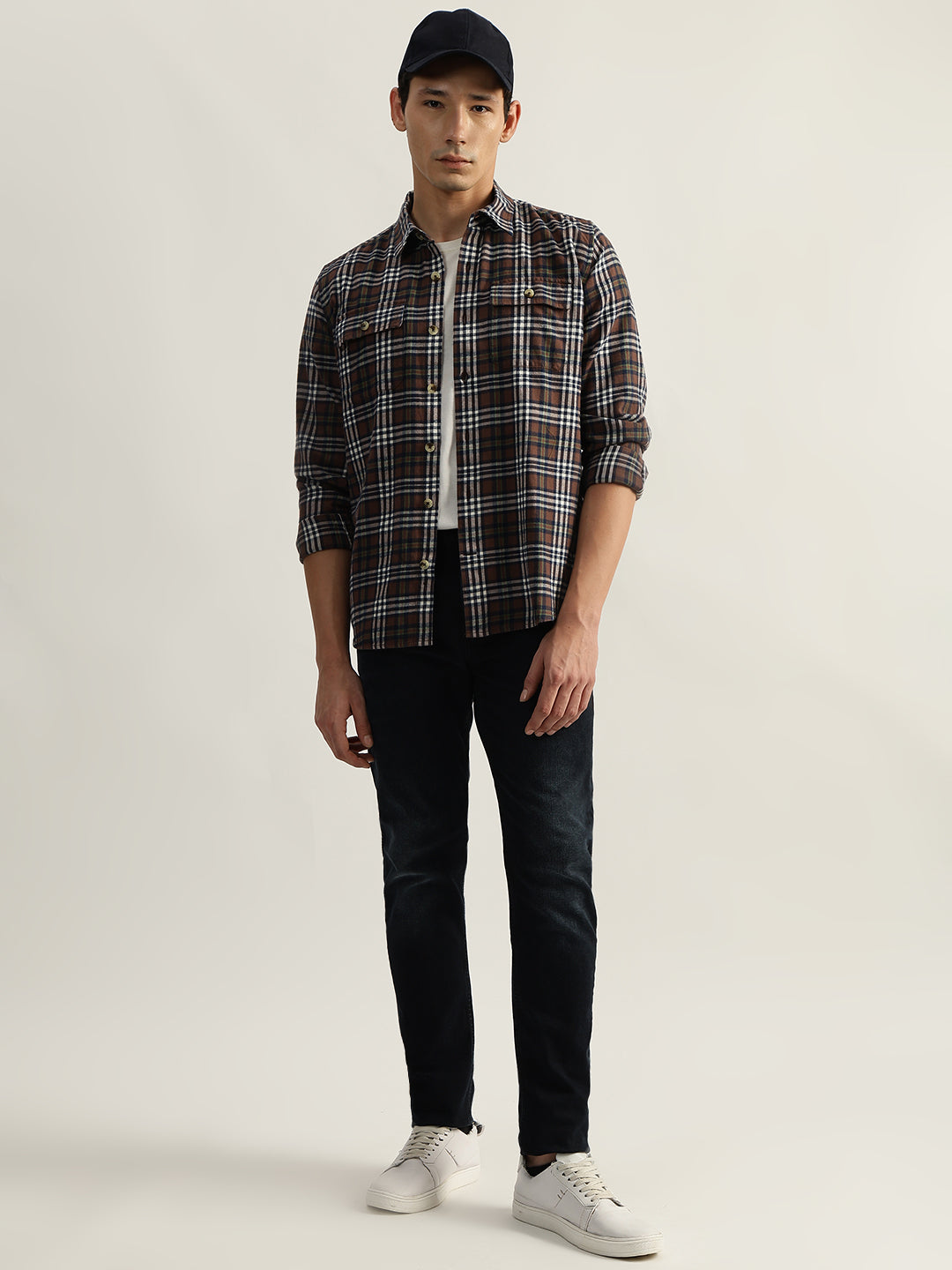 Iconic Men Brown Checked Spread Collar Full Sleeves Shirt