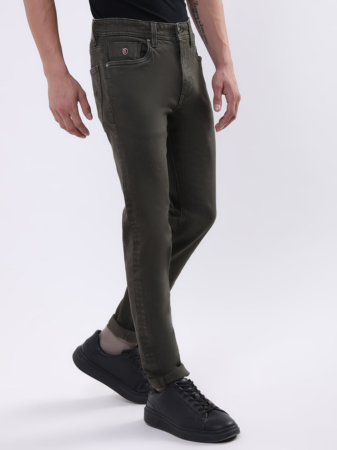 Iconic Men Olive Embroidered Slim Fit Jeans