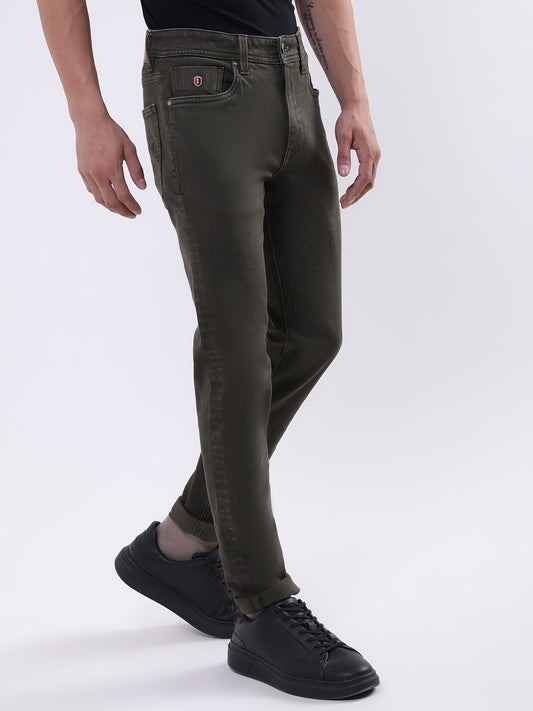 Iconic Men Olive Embroidered Slim Fit Jeans