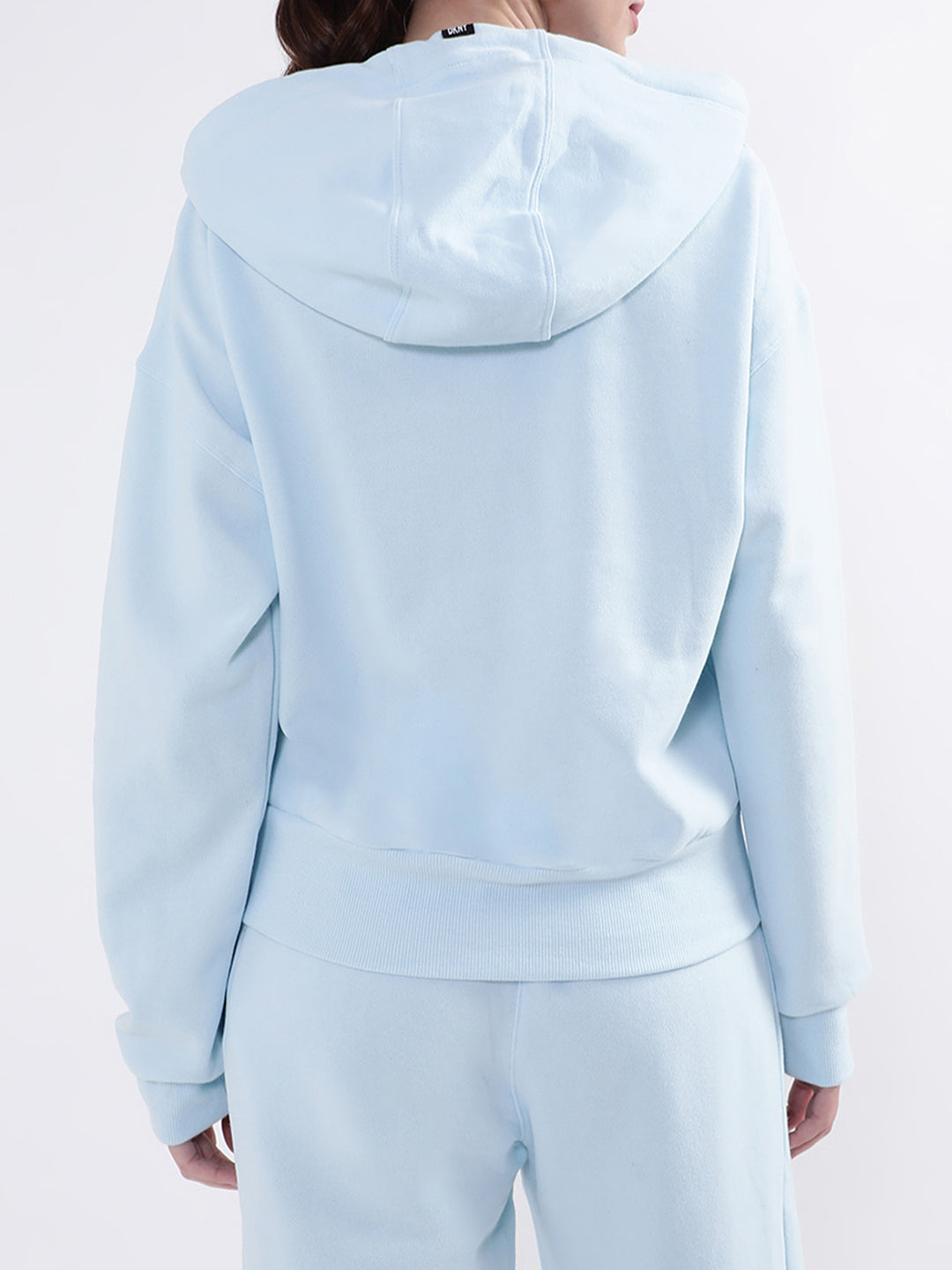 DKNY Women Light Blue Solid Hooded Sweatshirt