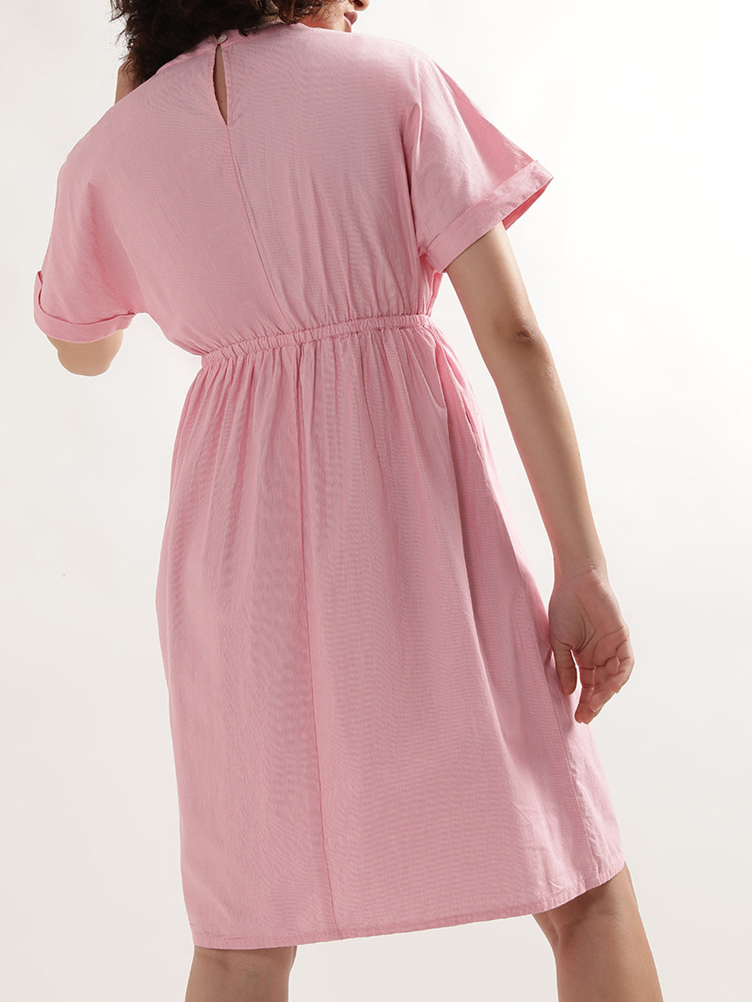 Elle Women Pink Solid Round Neck Dress