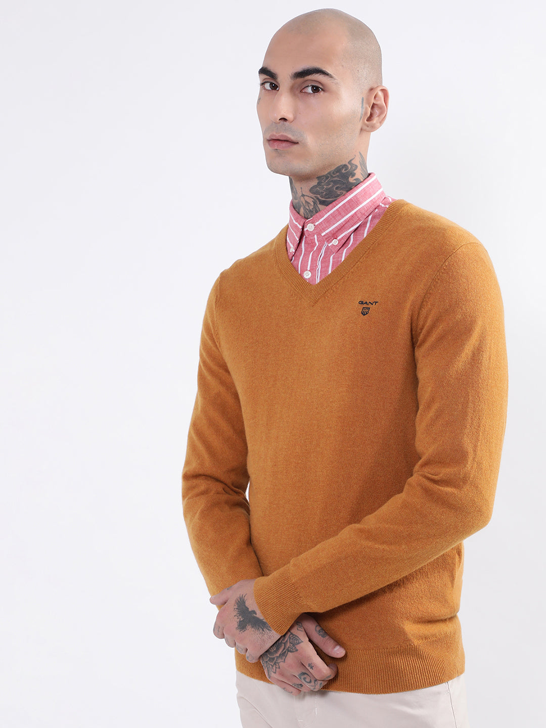 Gant Men Orange Solid V Neck Sweater