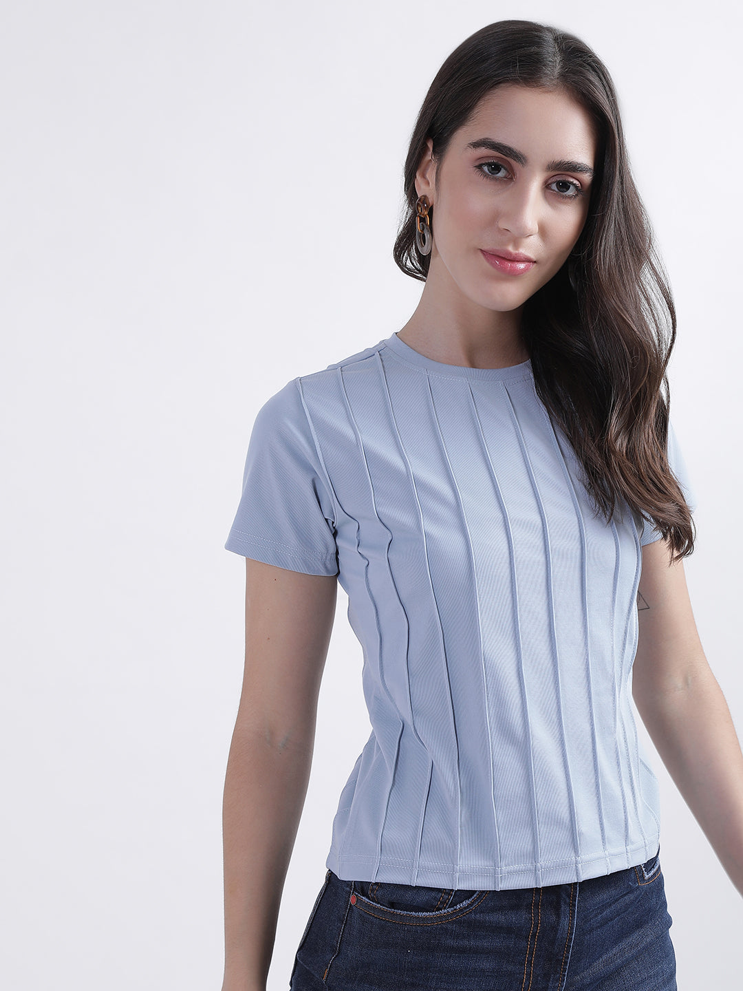 Iconic Women Blue Solid Round Neck Top