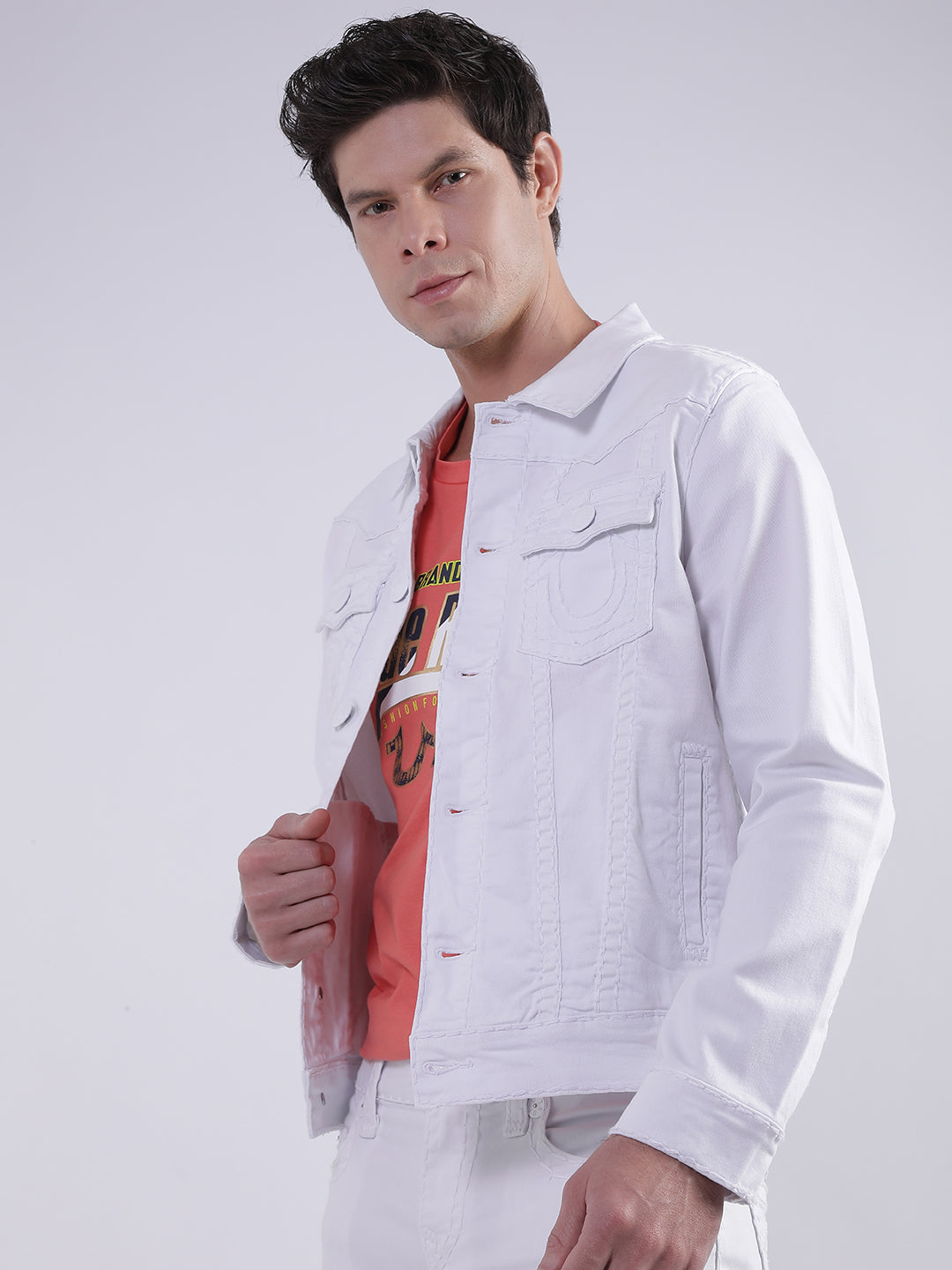 True Religion Men White Solid Collar Jacket