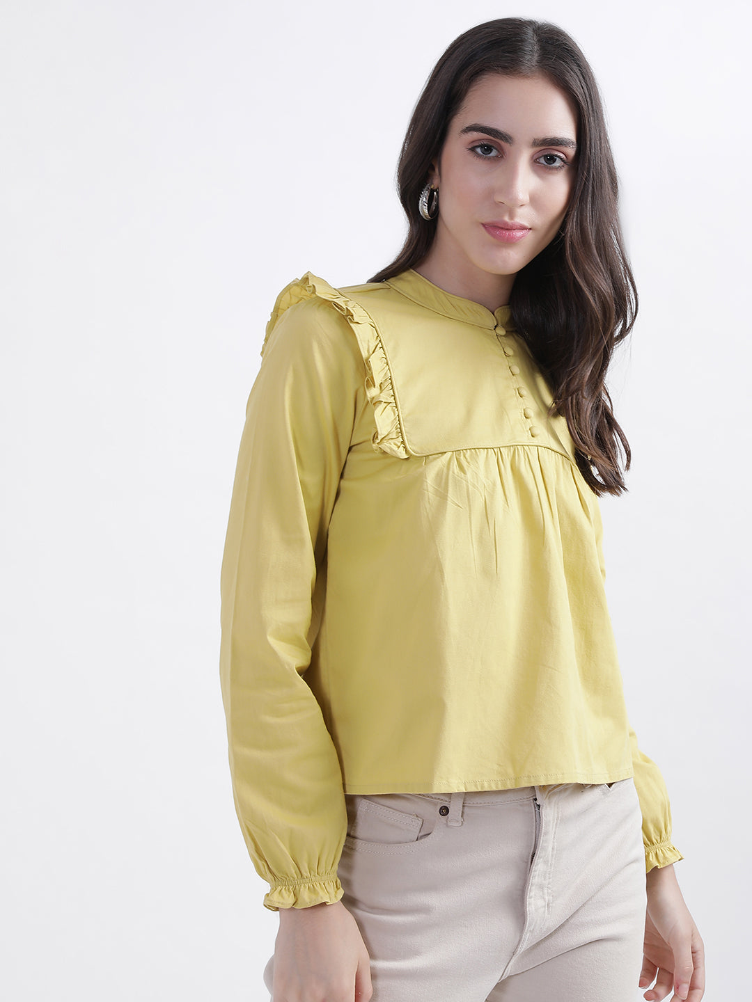 Elle Women Yellow Solid Round Neck Top