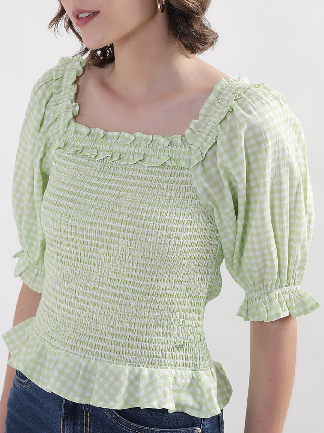 Elle Women Green Checked Square Neck Top