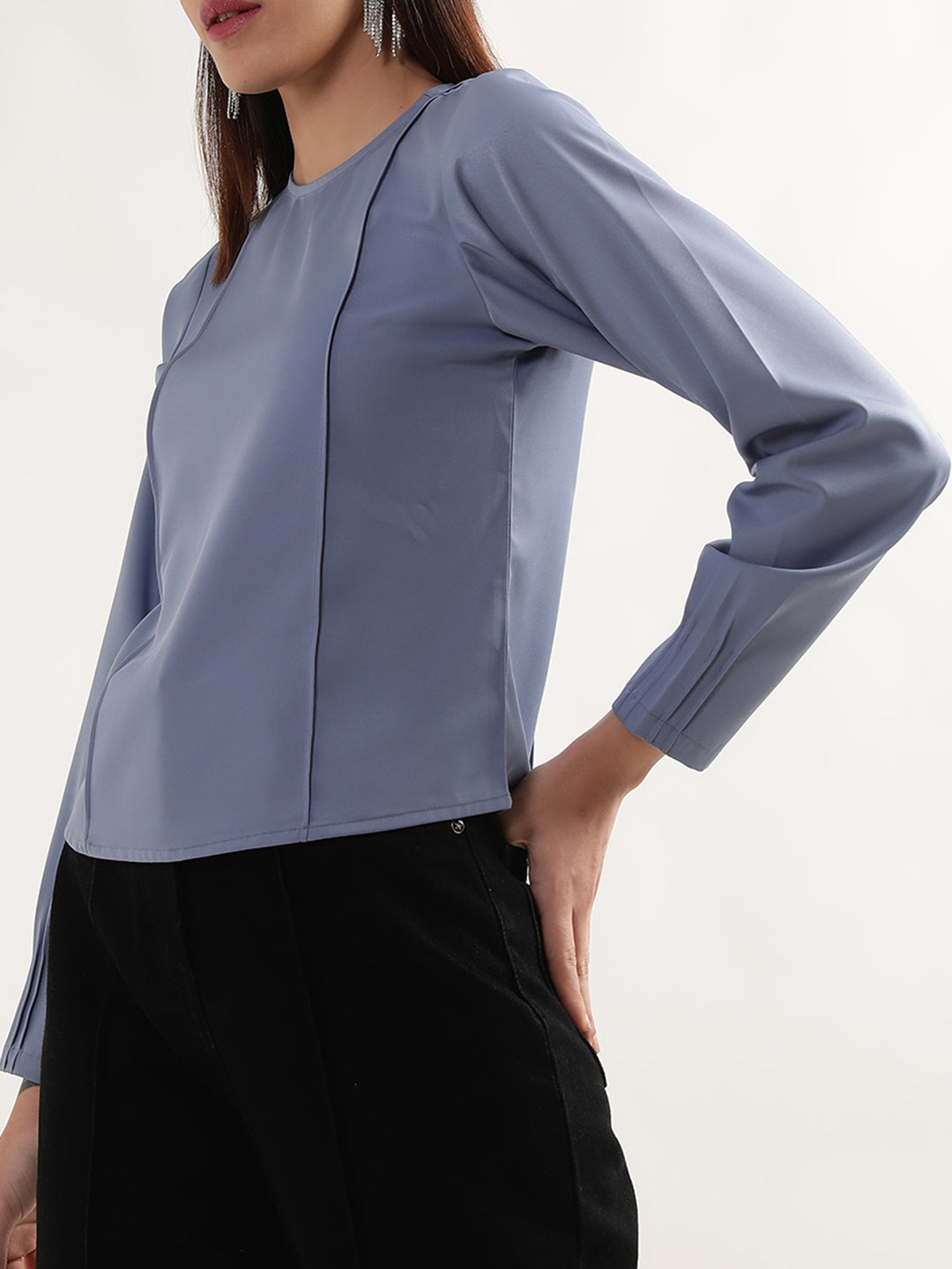 Centre Stage Women Blue Solid Round Neck Top