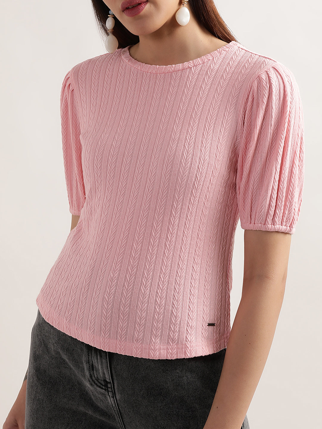 Elle Women Peach Solid Round Neck Top