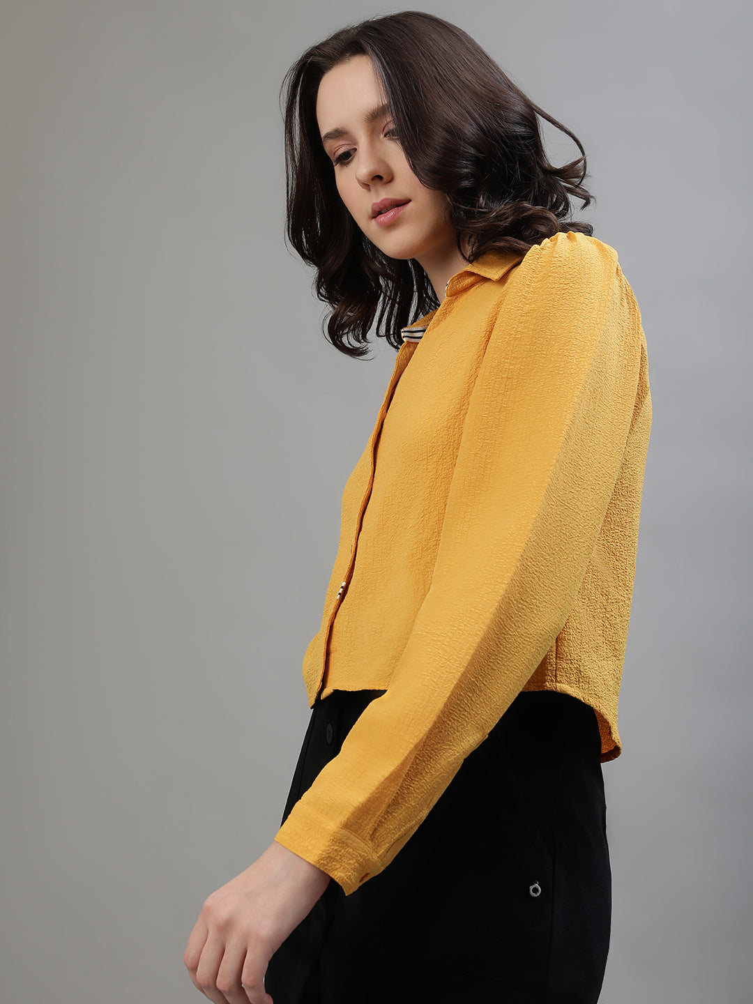 Iconic Women Yellow Solid Collar Top