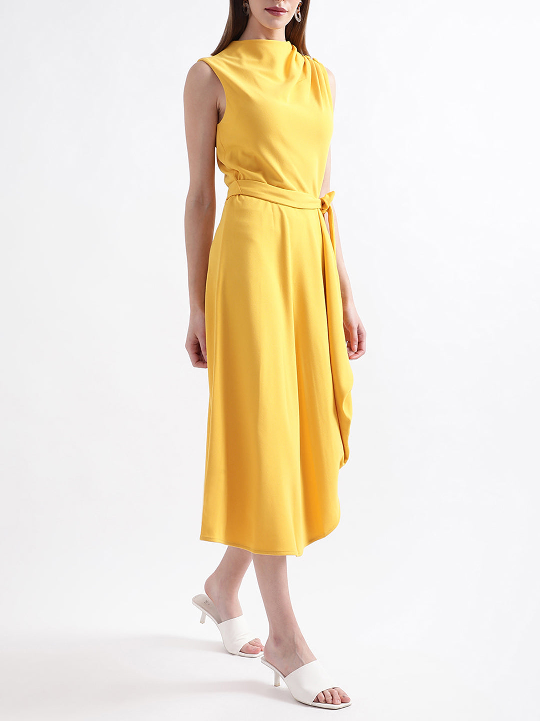 DKNY Women Ochre Solid Round Neck Dress