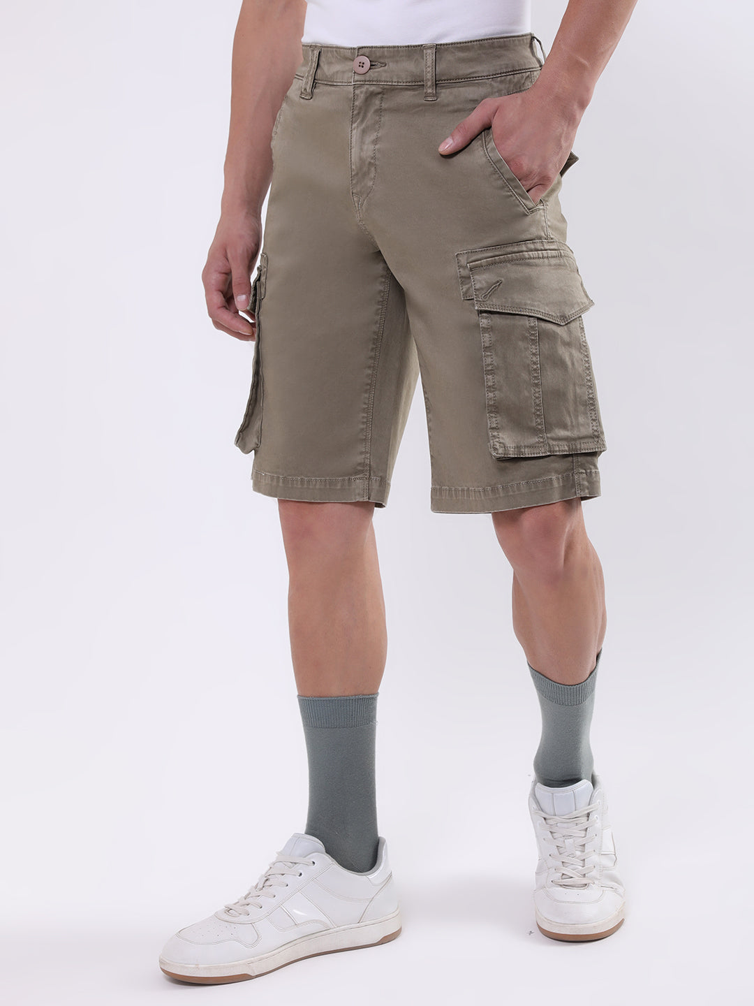 Iconic Men Khaki Embroidered Regular Fit Shorts