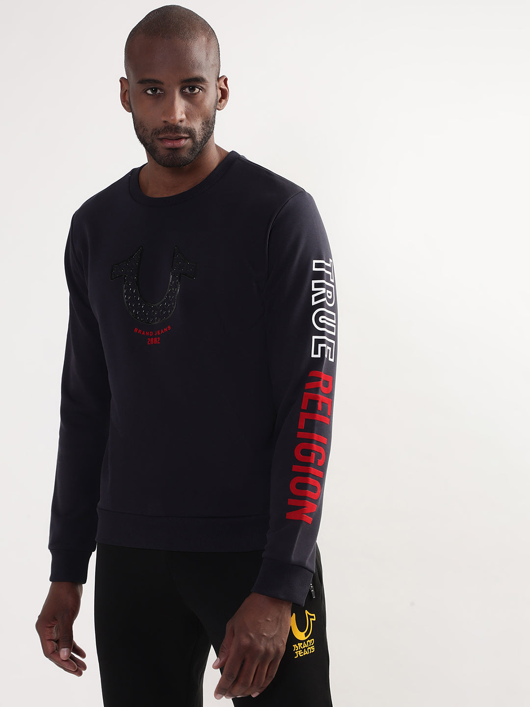 True Religion Men Blue Solid Round Neck Sweatshirt