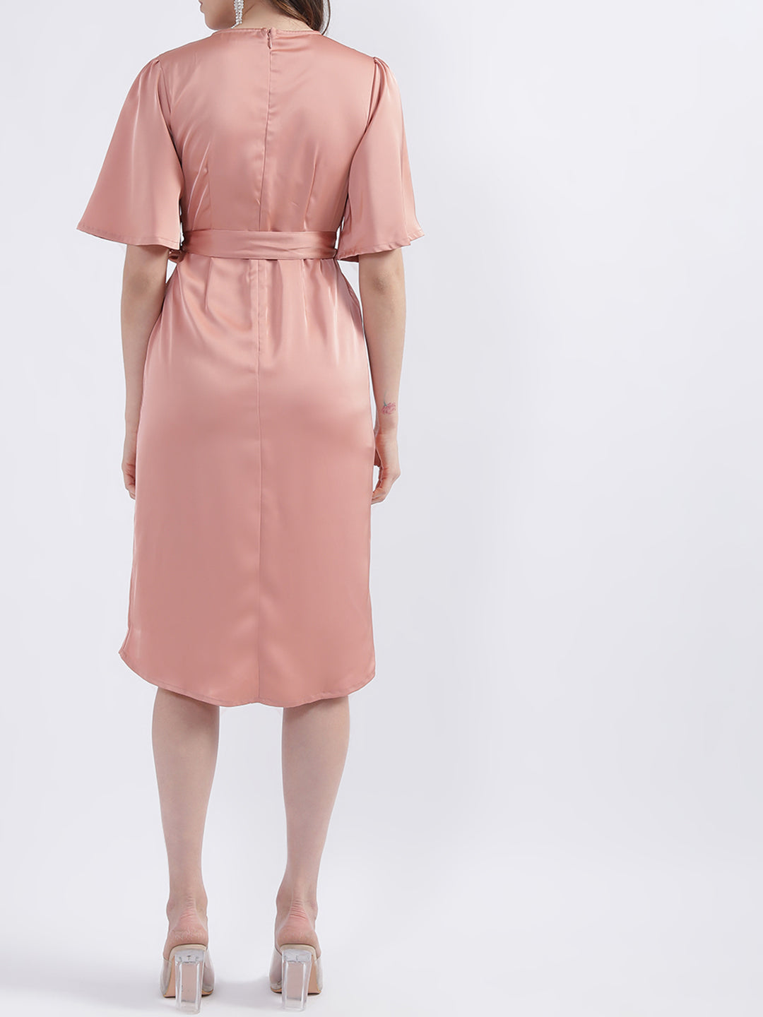 Centre Stage Women Peach Solid V Neck Dress