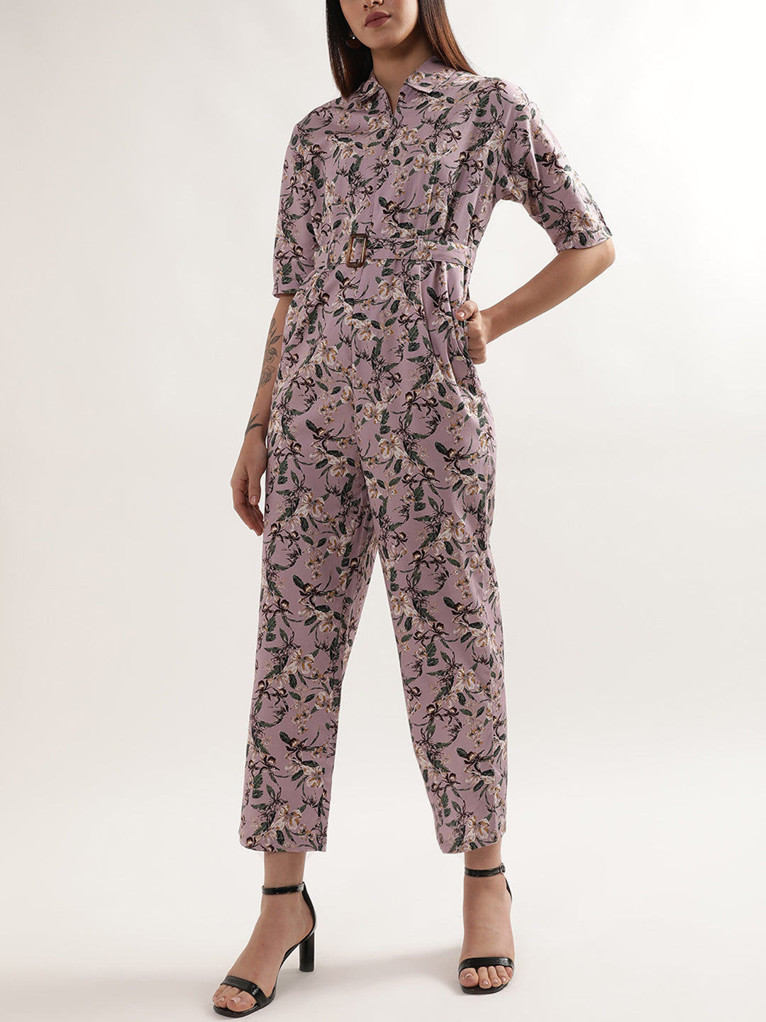 Elle Women Mauve Printed Collar Jumpsuit