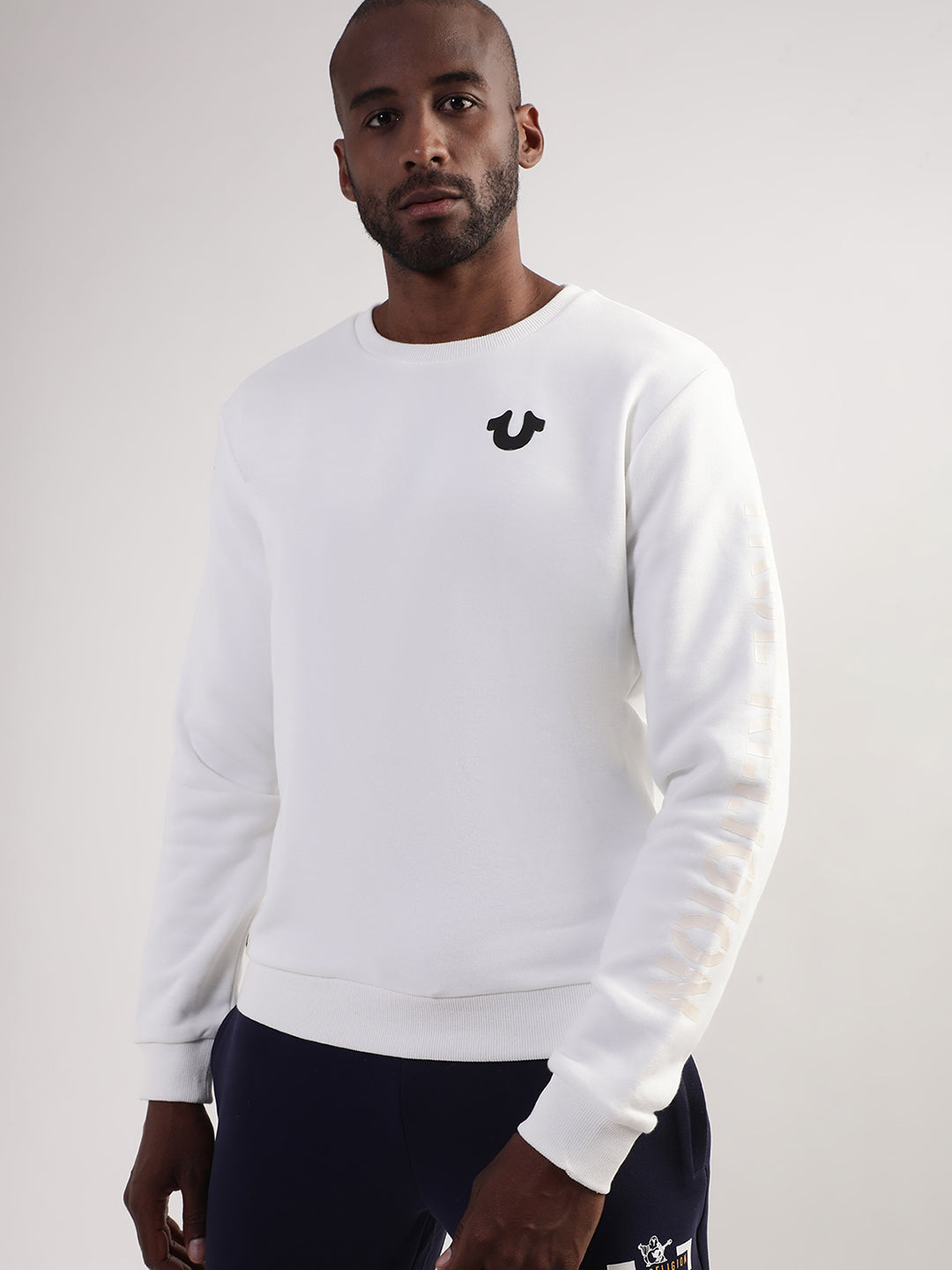 True Religion Men White Solid Round Neck Sweatshirt