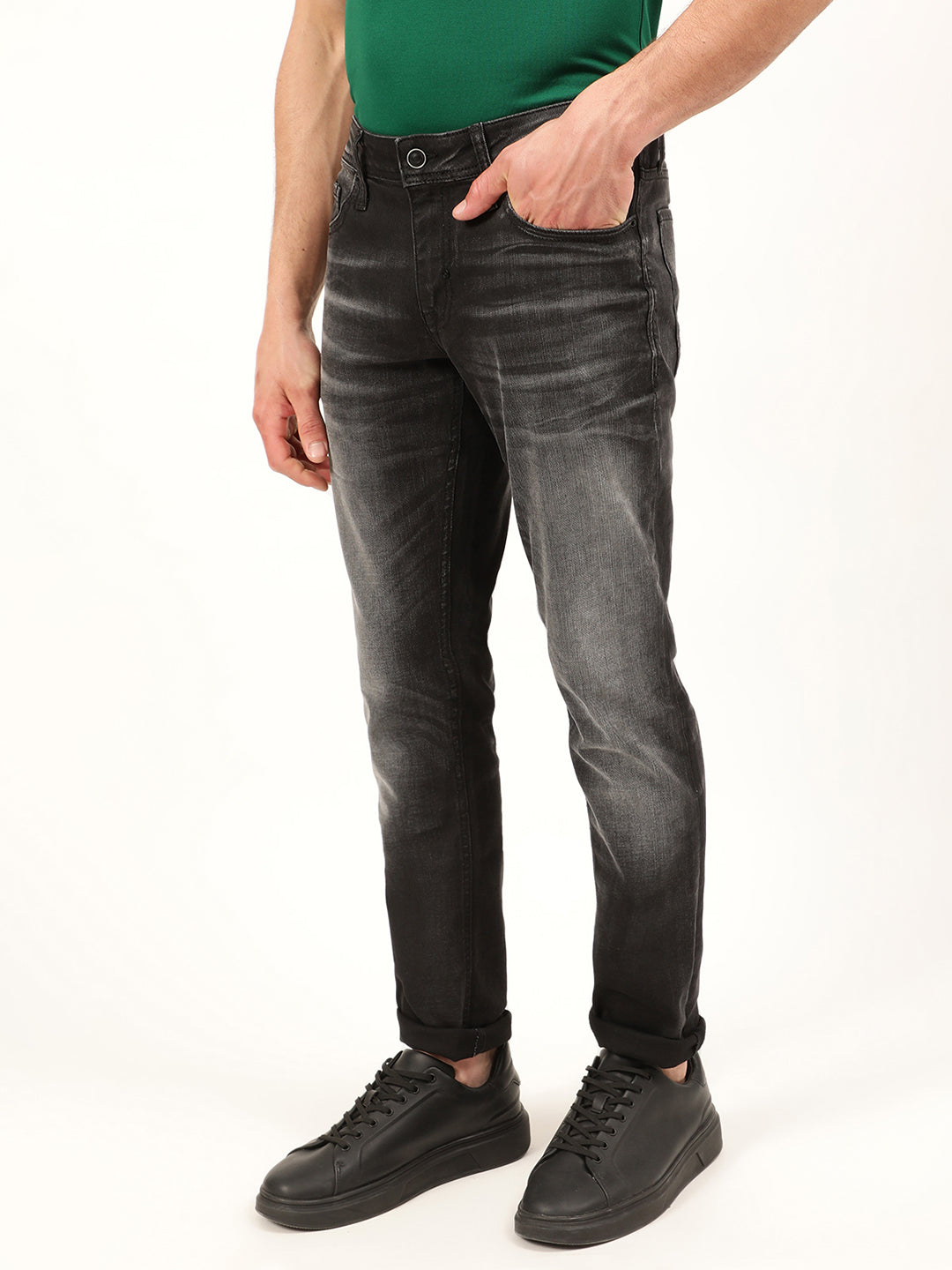 Antony Morato Men Black Tapered Fit Low Distress Heavy Fade Jeans