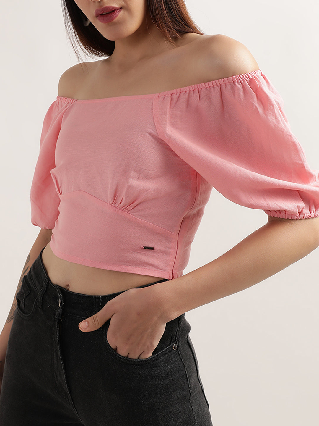 Elle Women Pink Solid Off Shoulder Top