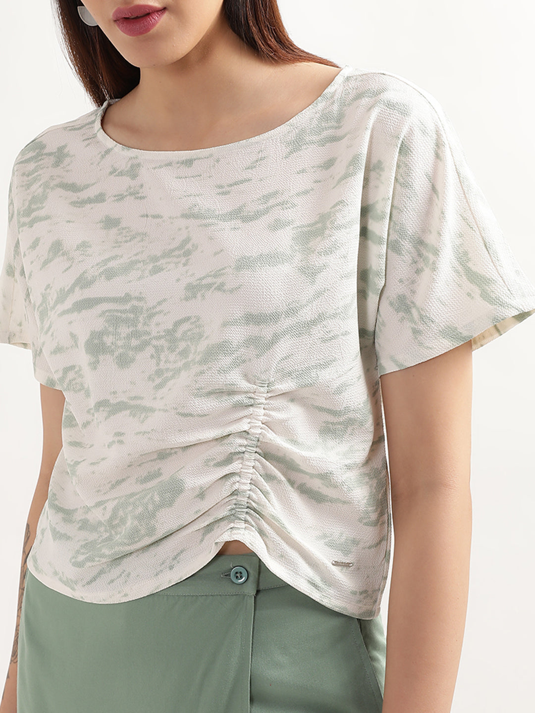 Elle Women Green Printed Round Neck Top