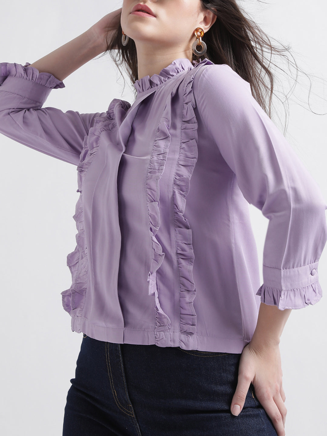 Centre Stage Women Lilac Solid Band Collar Top