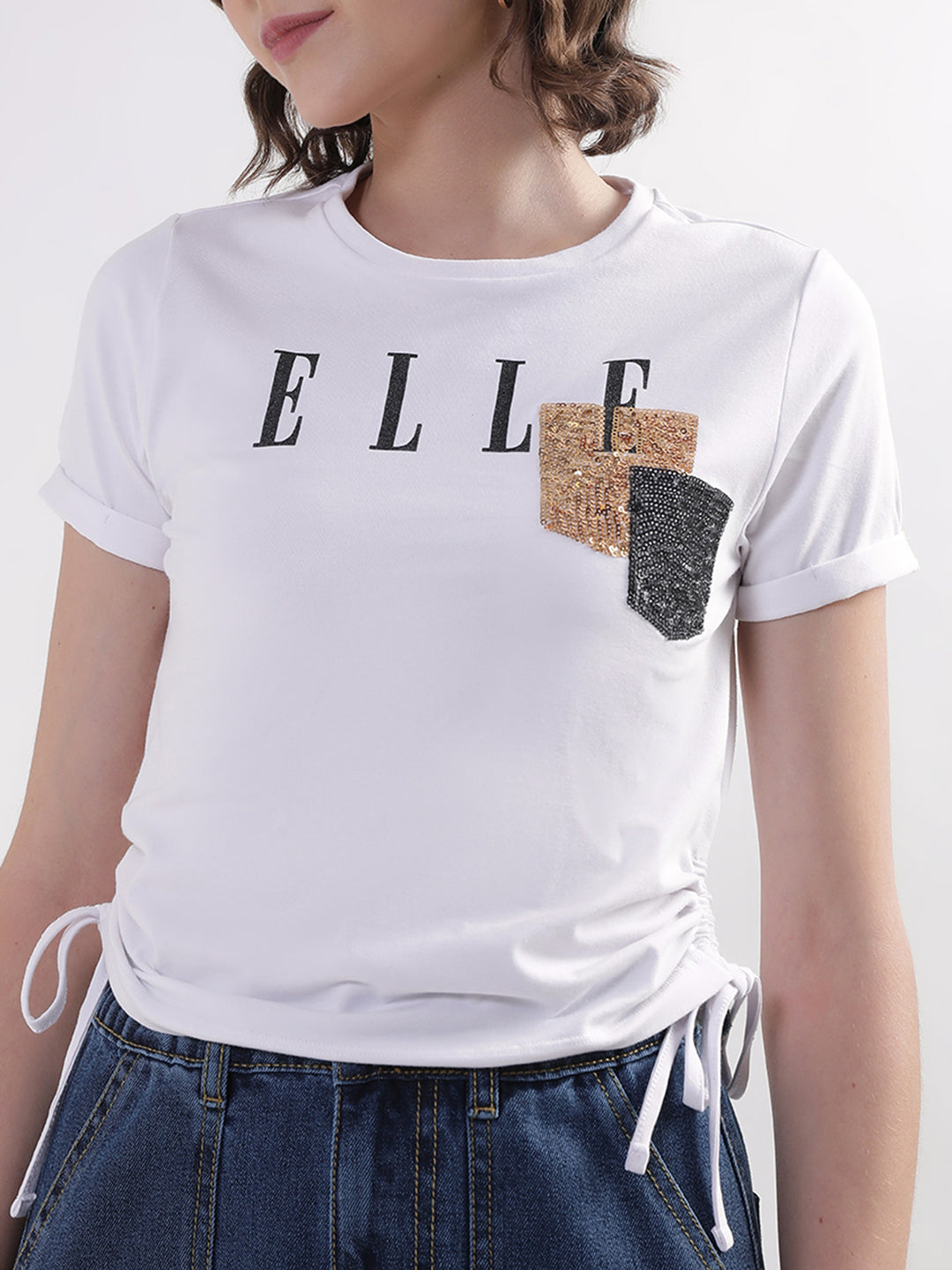 Elle Women White Solid Round Neck TShirt