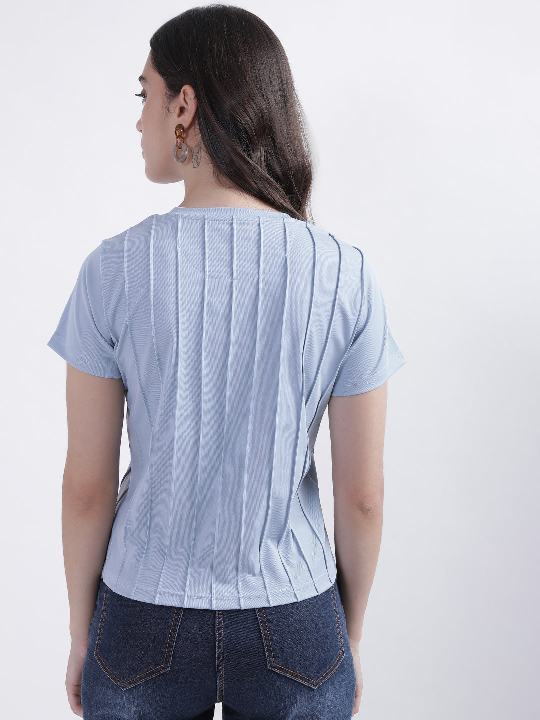 Iconic Women Blue Solid Round Neck Top