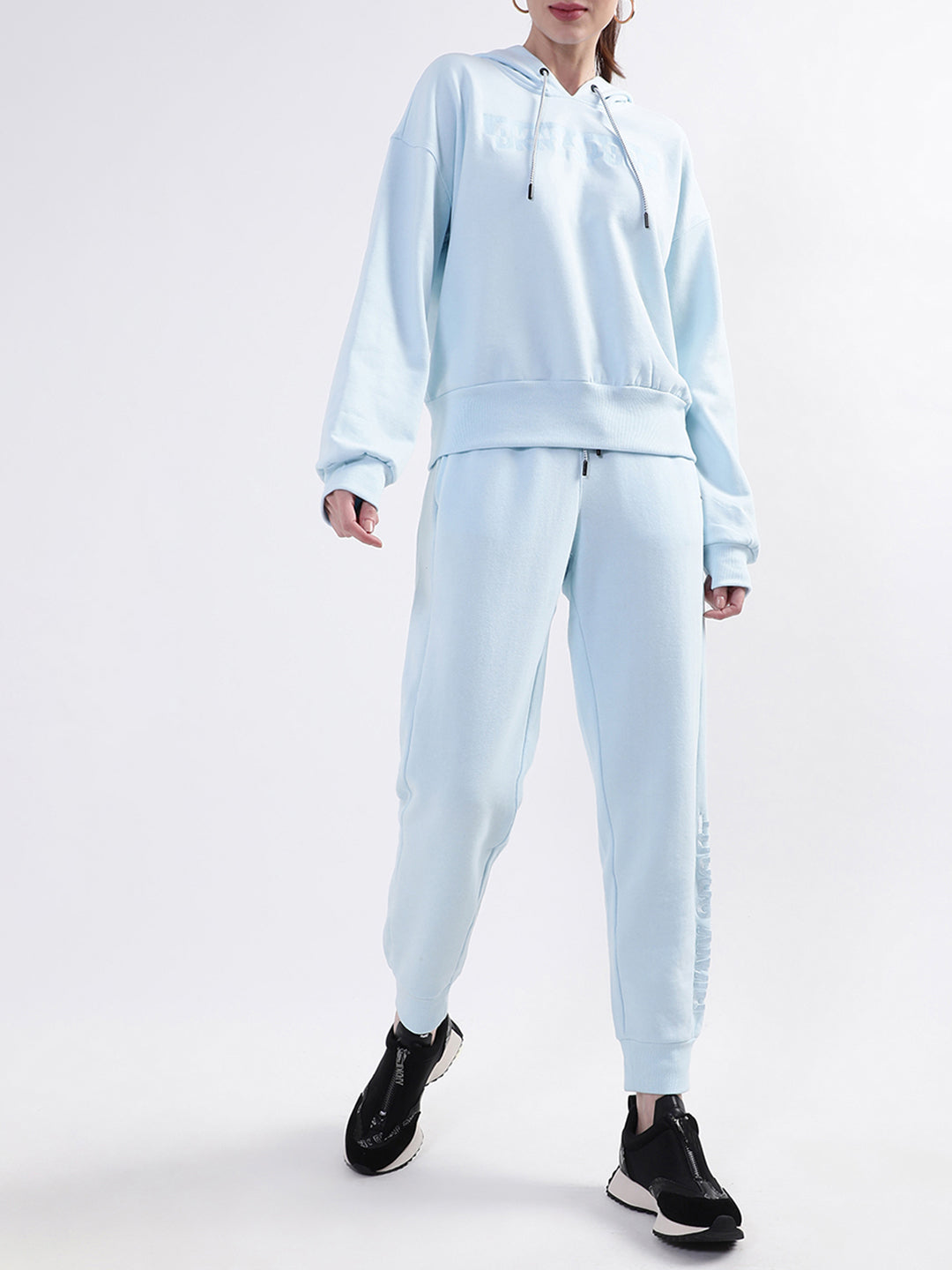 DKNY Women Light Blue Solid Hooded Sweatshirt