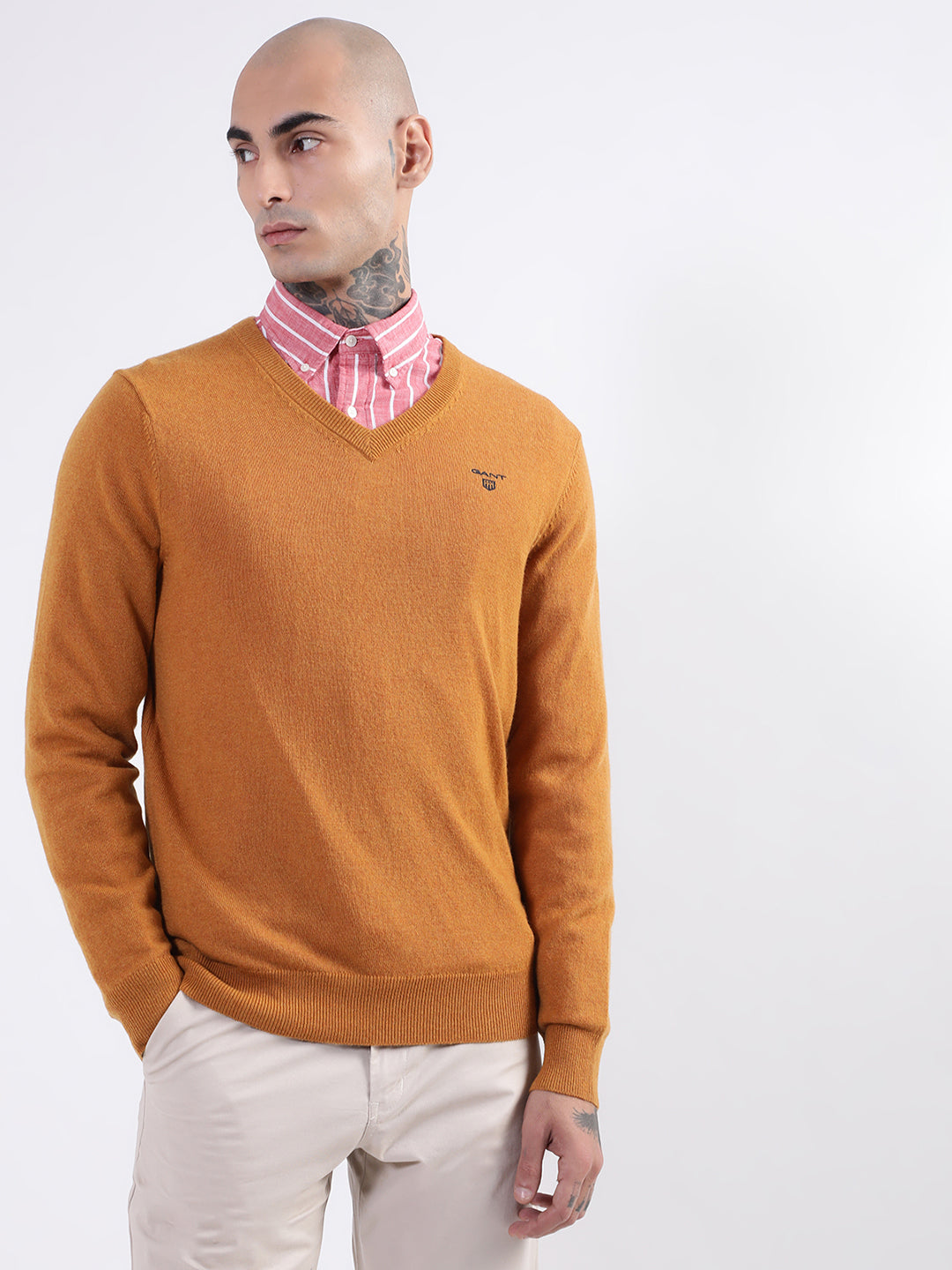 Gant Men Orange Solid V Neck Sweater