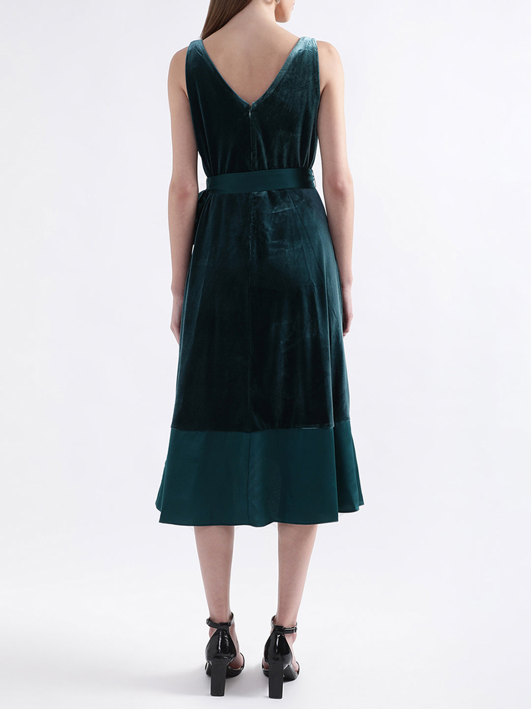 DKNY Women Dark Green Solid V Neck Dress