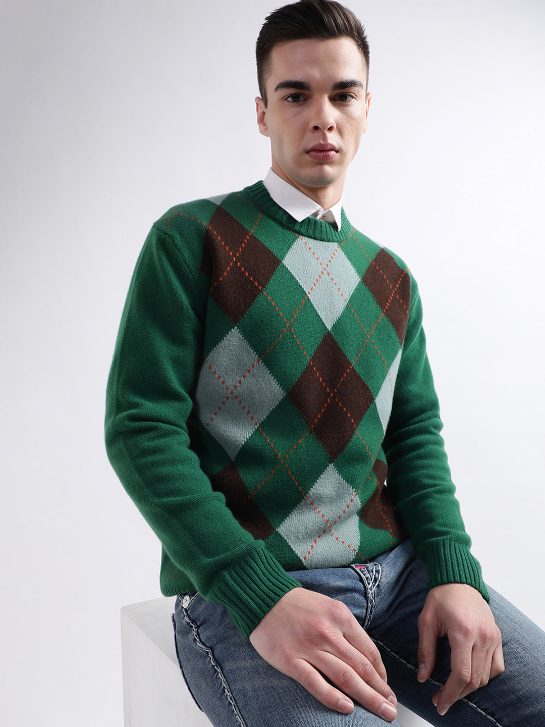 Gant Men Green Printed Round Neck Sweater