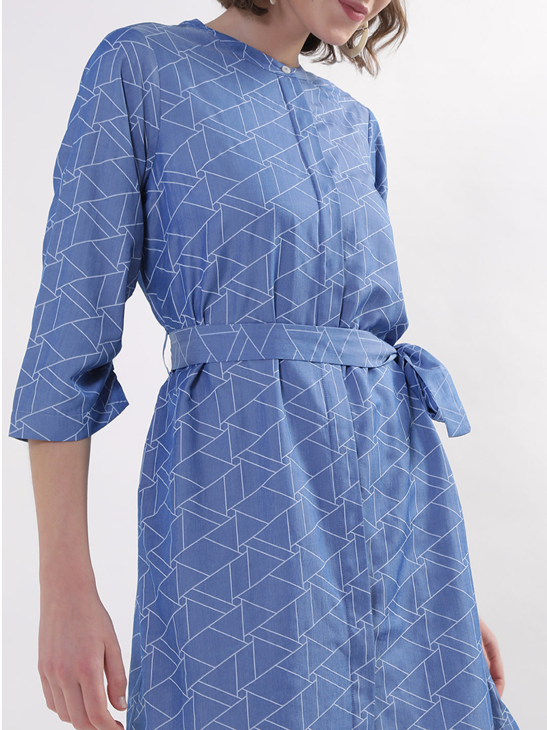 Elle Women Blue Printed Band Collar Dress