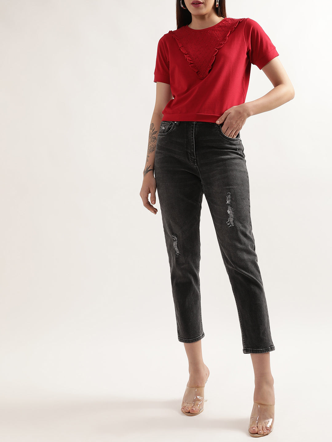 Elle Women Red Solid Round Neck Top