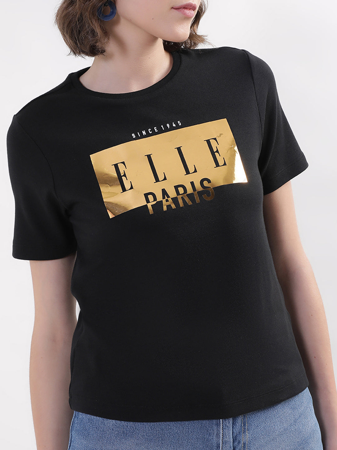 Elle Women Black Solid Round Neck TShirt