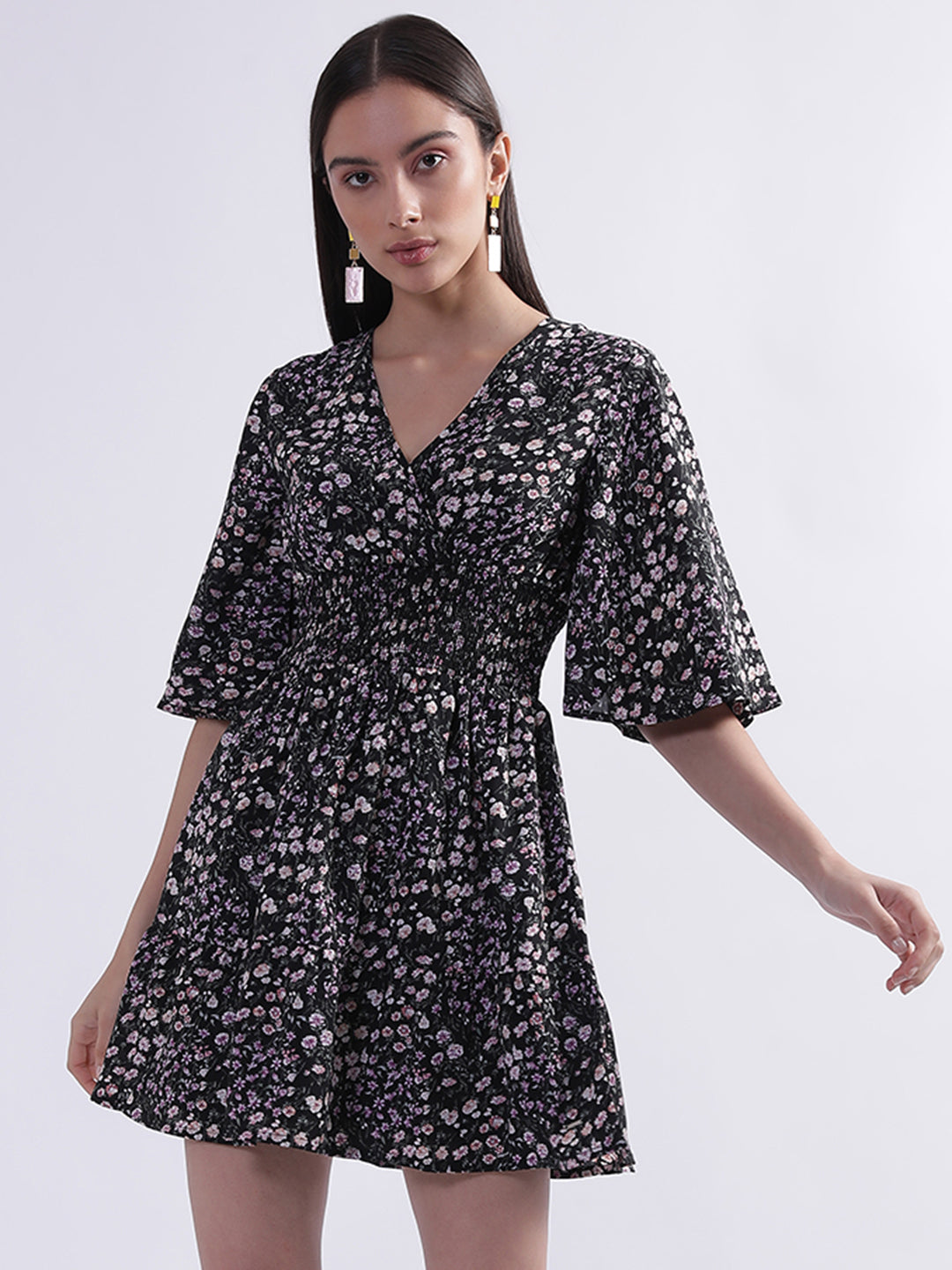 Elle Women Black Printed V Neck Dress