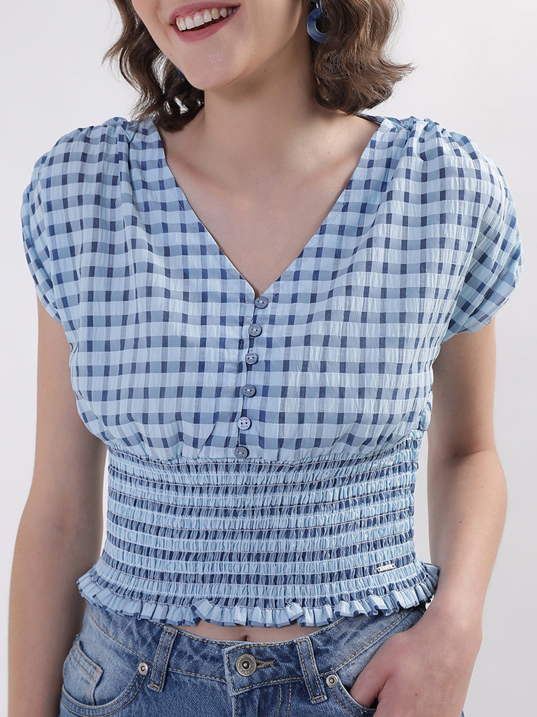 Elle Women Blue Checked V Neck Top