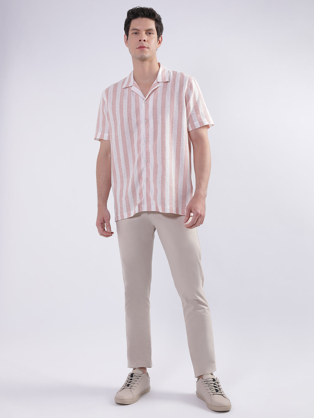 Lindbergh Dark Pink Coral Fashion Striped Slim Fit Shirt