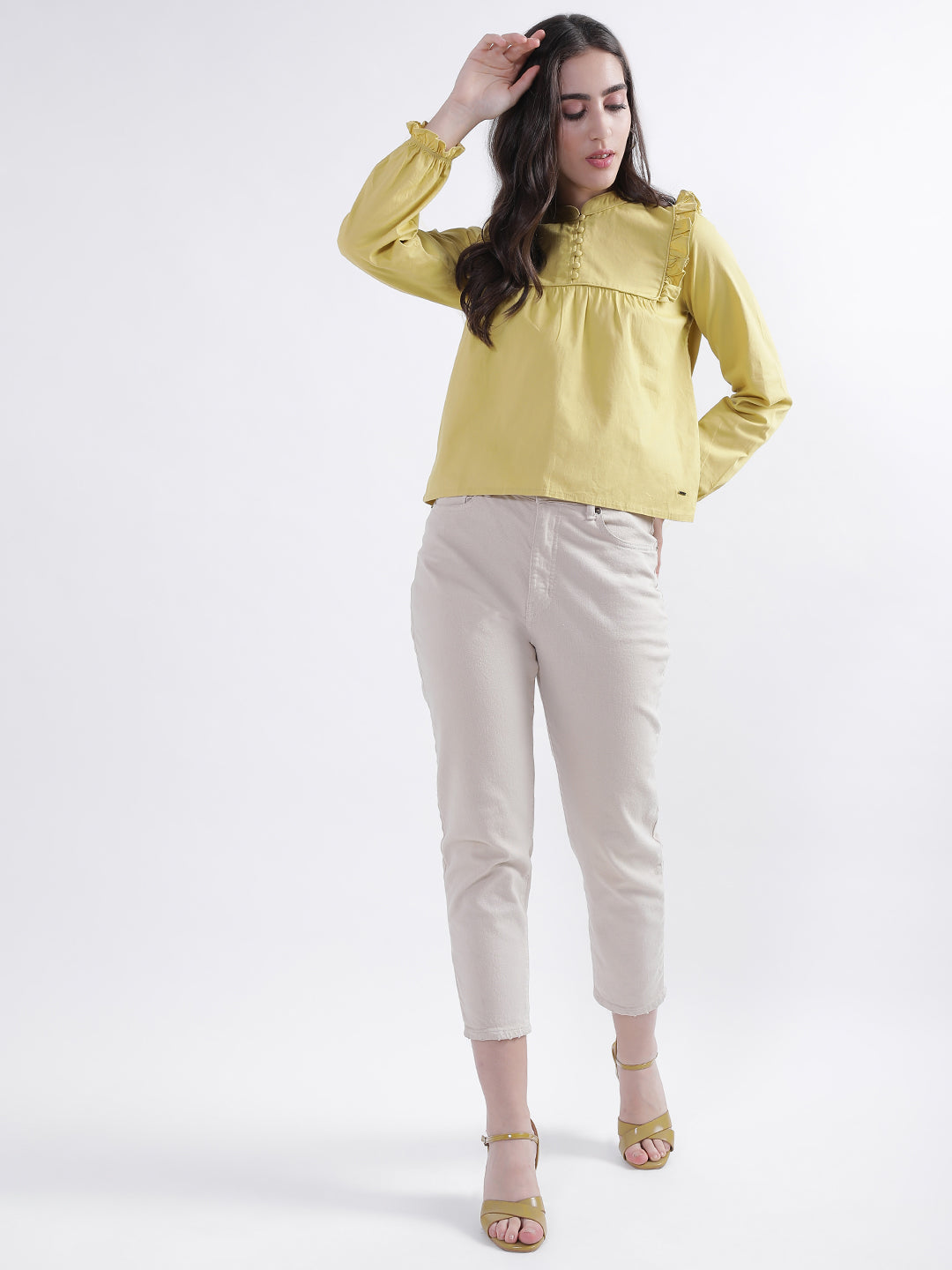 Elle Women Yellow Solid Round Neck Top