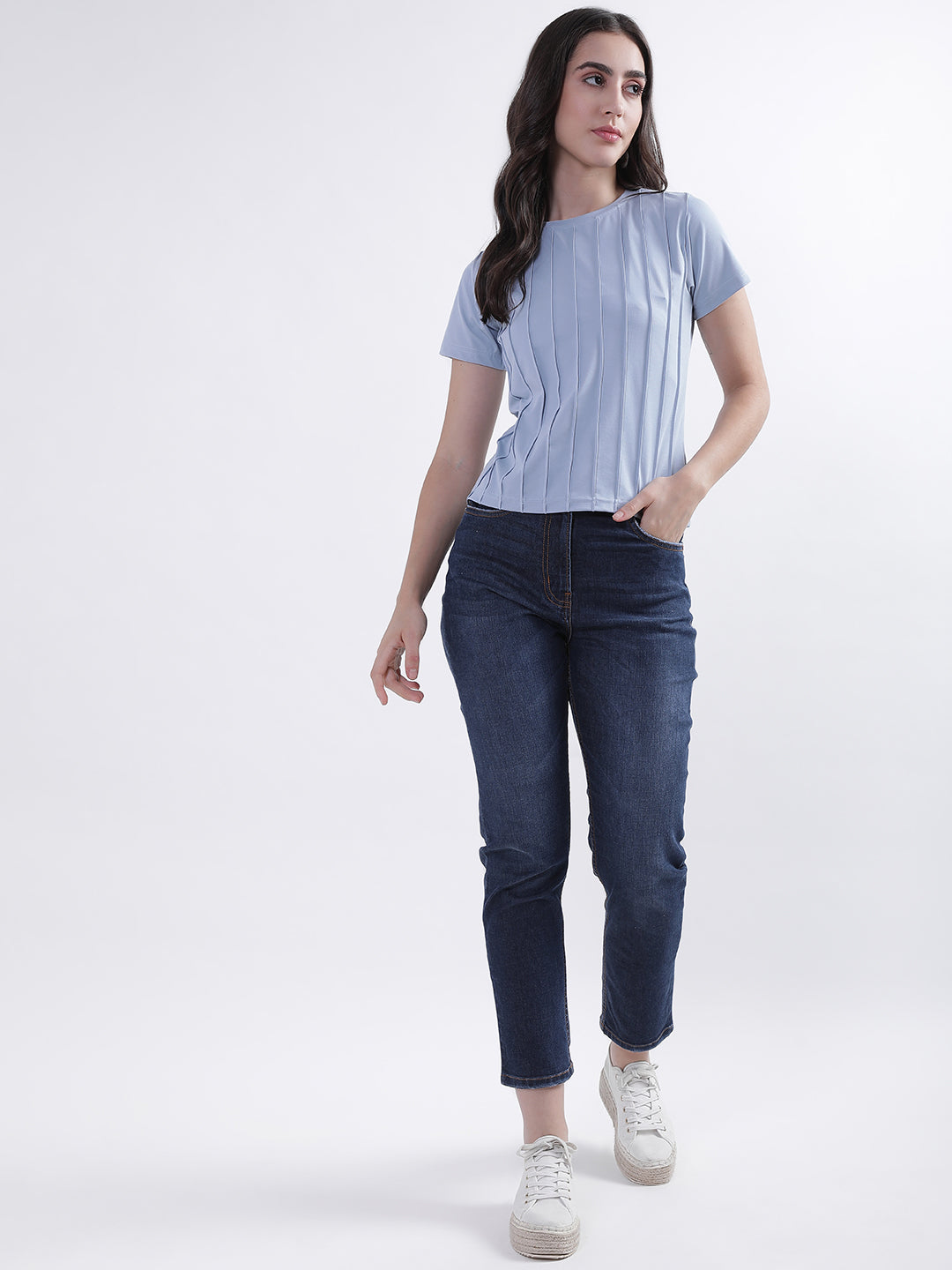 Iconic Women Blue Solid Round Neck Top