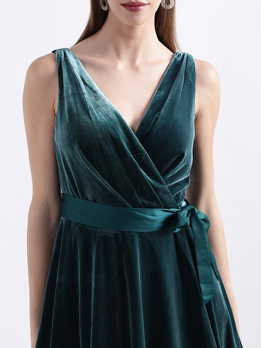 DKNY Women Dark Green Solid V Neck Dress