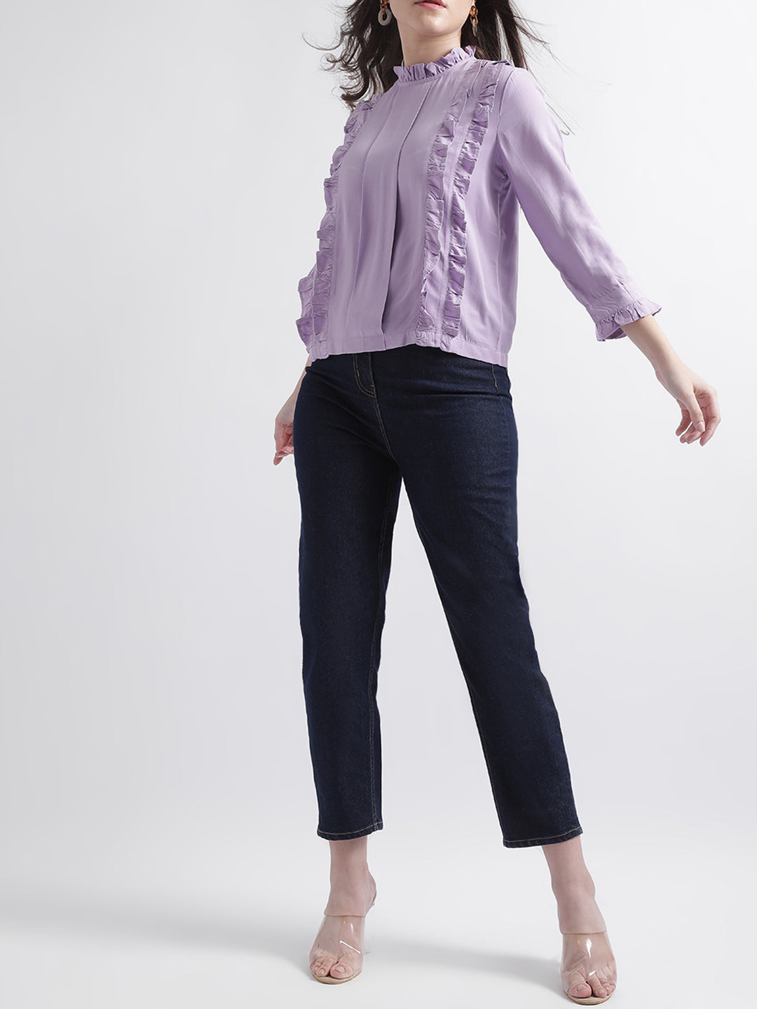 Centre Stage Women Lilac Solid Band Collar Top