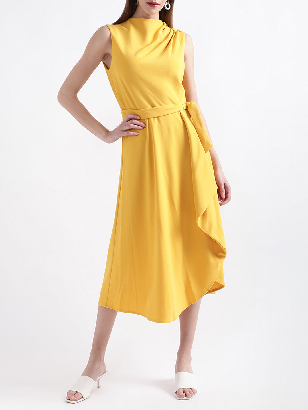 DKNY Women Ochre Solid Round Neck Dress