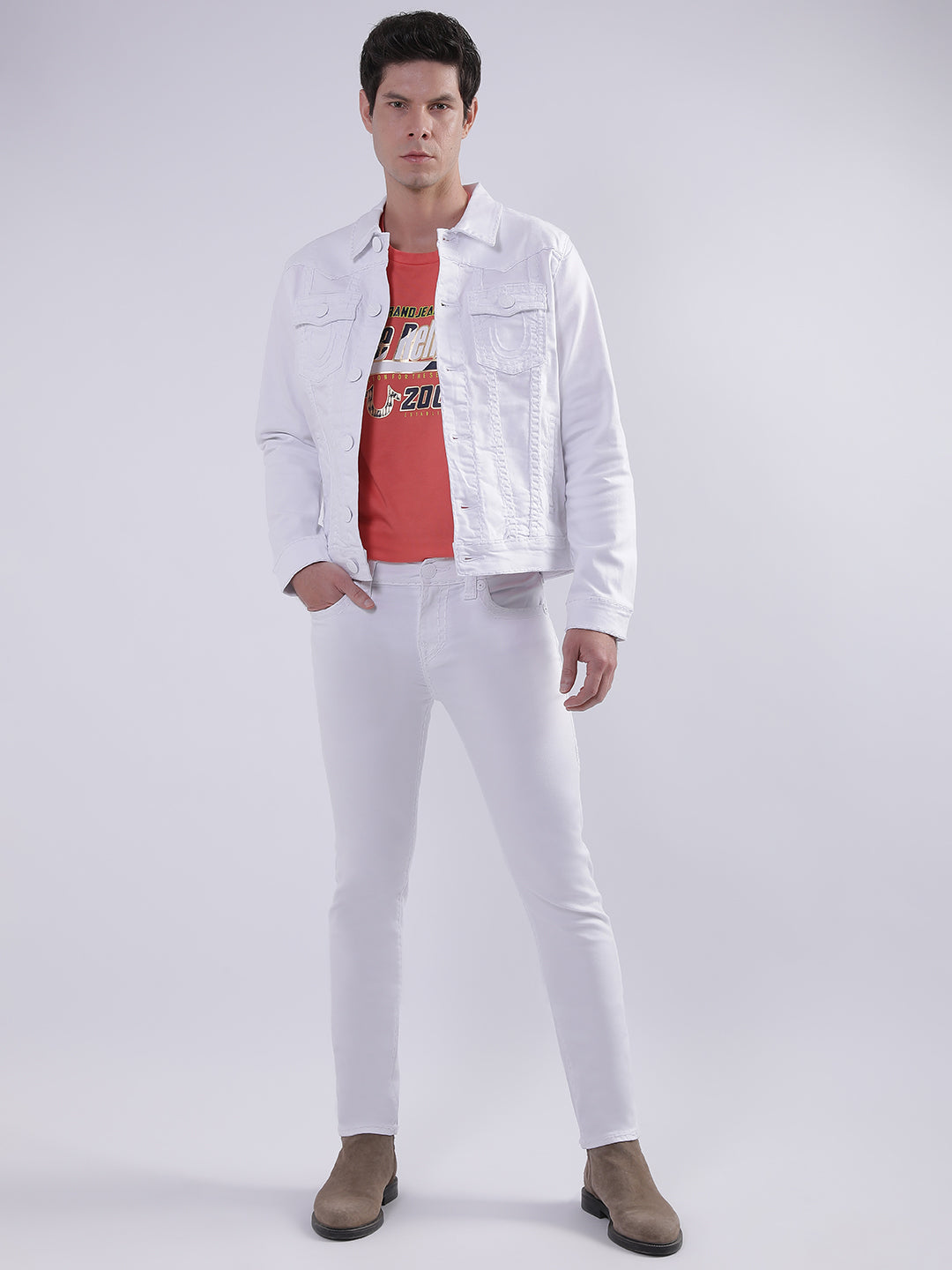 True Religion Men White Solid Collar Jacket