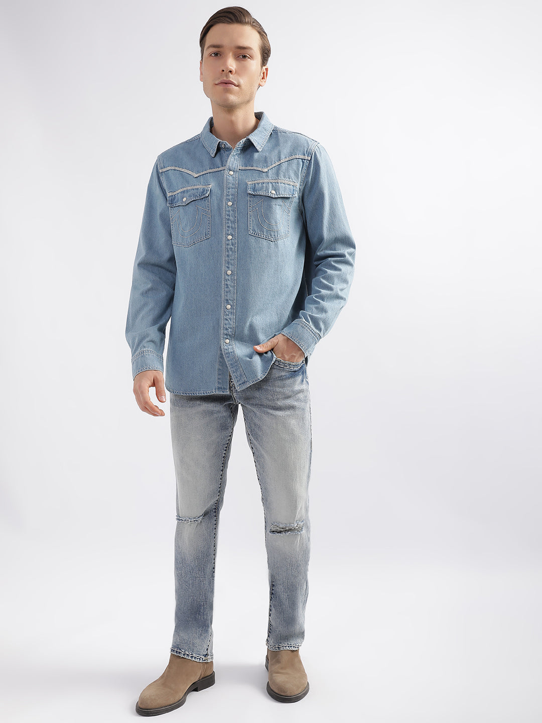 True Religion Blue Fashion Regular Fit Denim Cargo Shirt