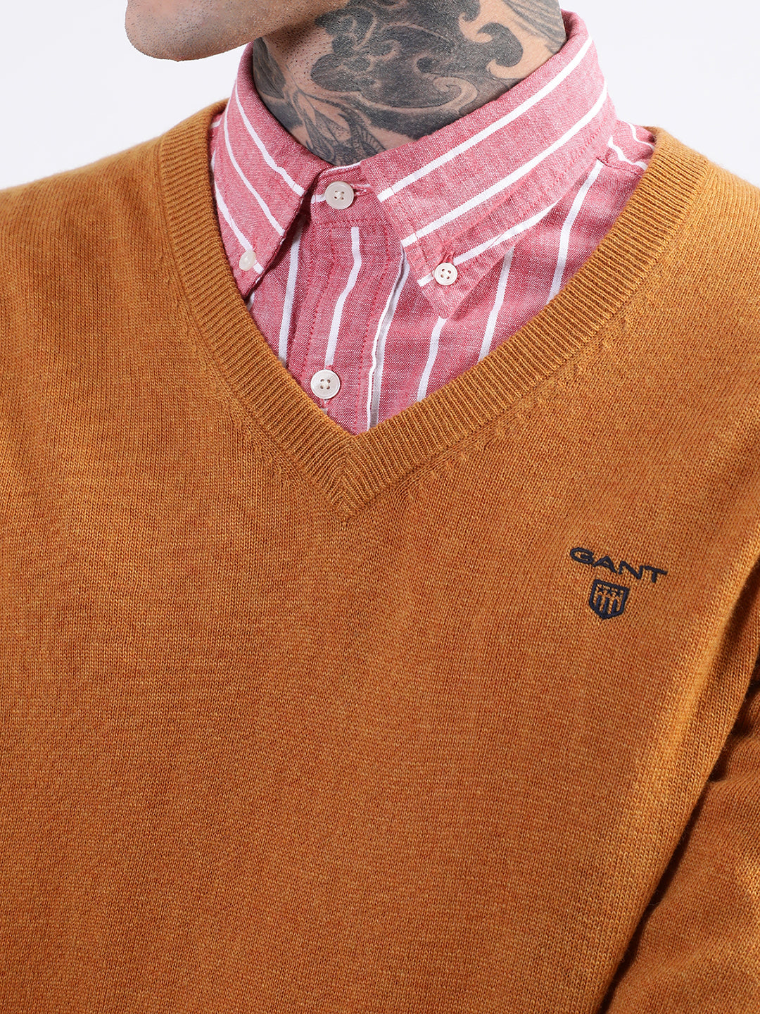 Gant Men Orange Solid V Neck Sweater