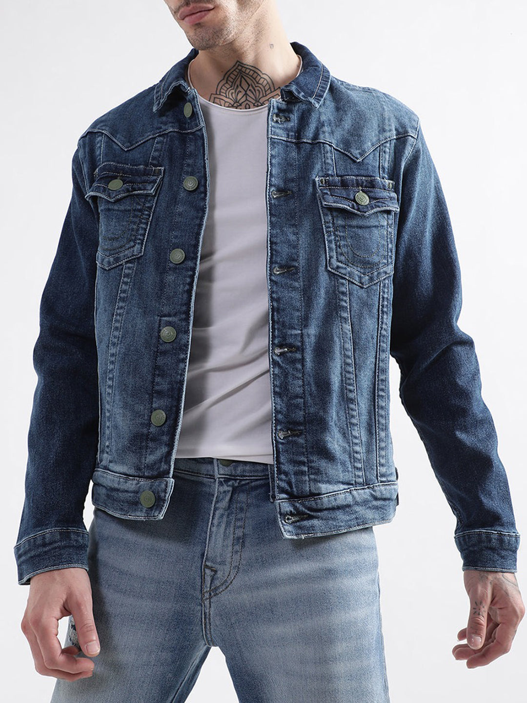 True Religion Men Blue Washed Collar Jacket